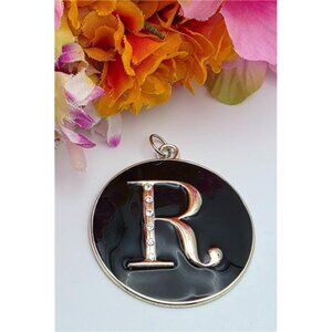 Harvey Lewis Silver Tone Initial R Circle Pendant 50.5mm Black Enamel Rhinestone